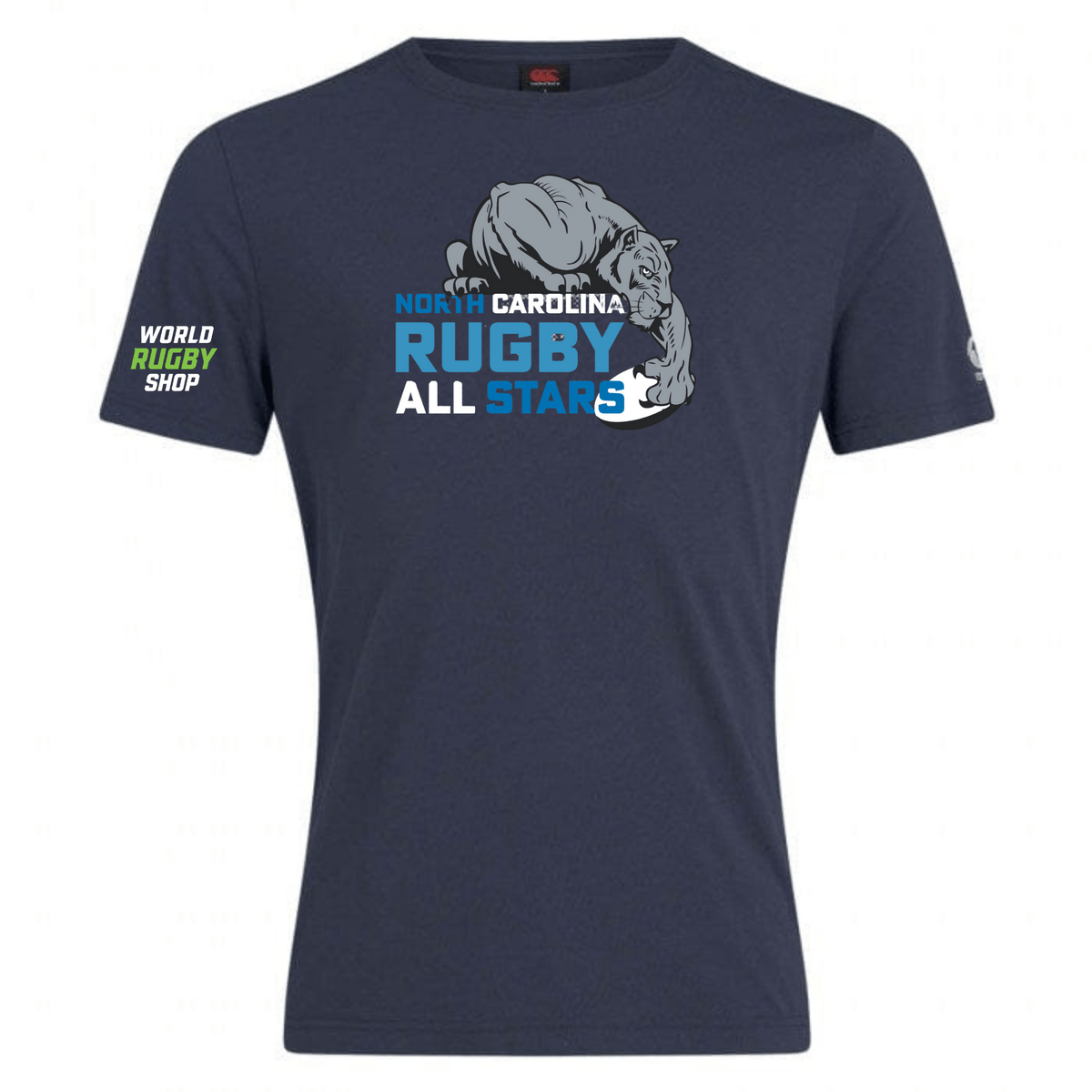 Navy blue NC All Stars Club Plain Tee by Canterbury featuring "North Carolina Rugby All Stars" text and a graphic of a bear. Made from premium cotton-heavy blend, the left sleeve displays the "WRS Canterbury" logo. Customization options are available for a personalized touch.
