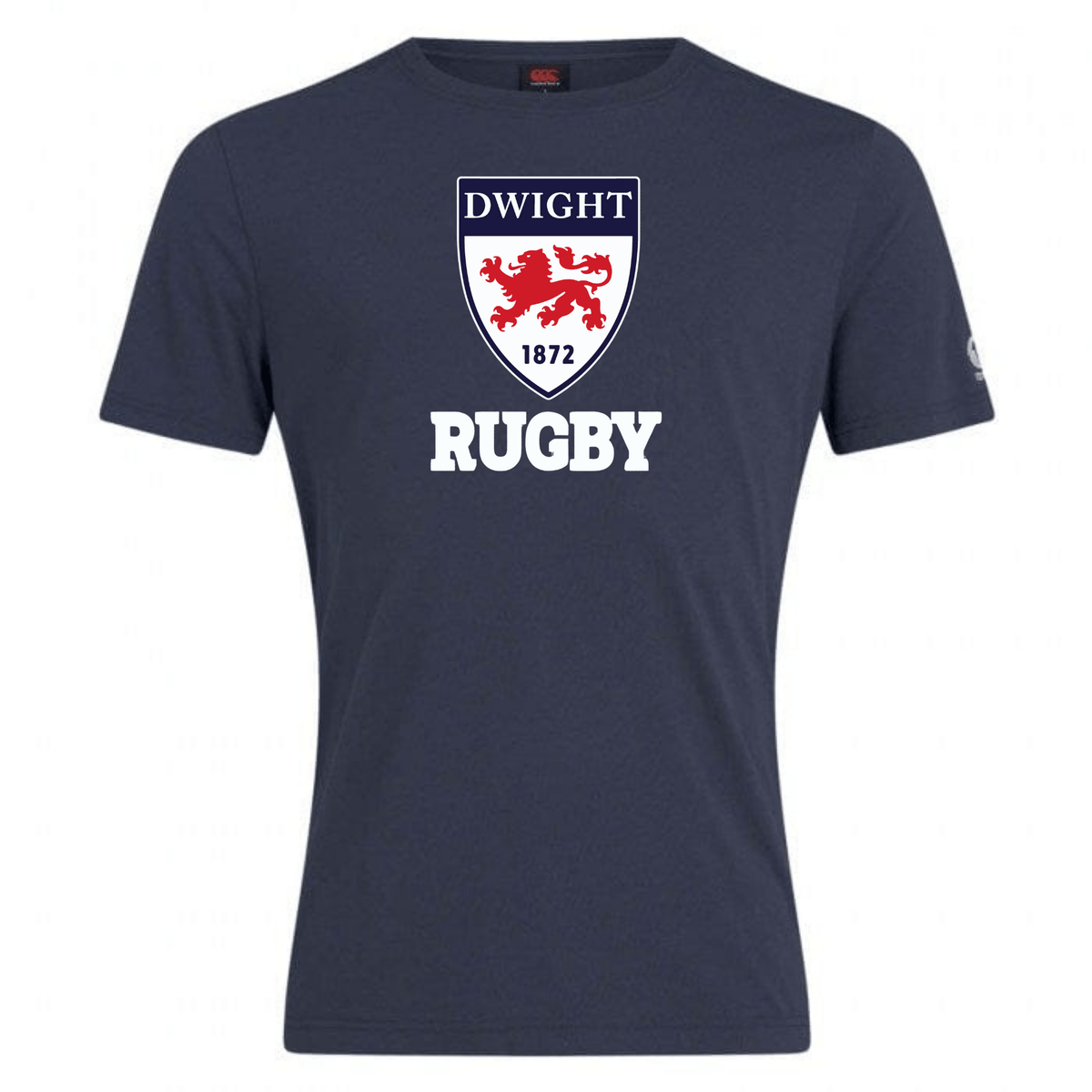 WRS Canterbury navy blue cotton blend Dwight Rugby Club Plain Tee featuring the word "dwight" in white uppercase letters, a red crest with a white lion, the year "1872," and the word "rugby
