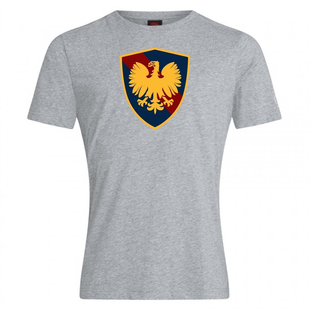 Gray Cincinnati Classical Academy Club Plain Tee by WRS Canterbury featuring a shield emblem with a golden eagle on a blue and red background.