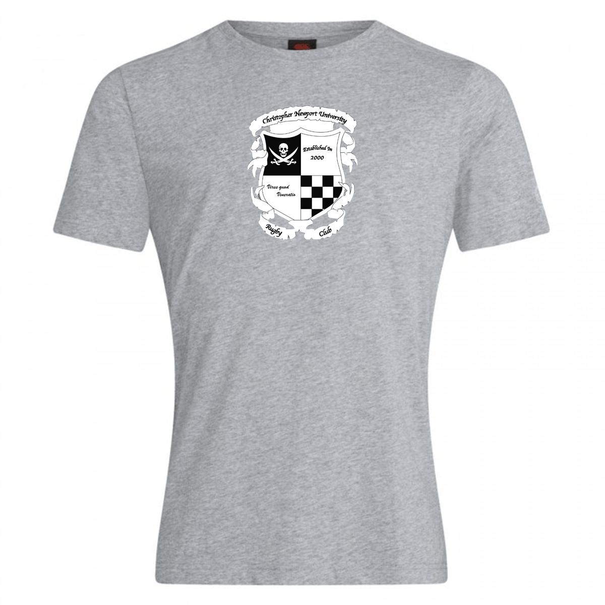 Gray rugby football club at Christopher Newport University club plain tee by WRS Canterbury crafted from a cotton blend featuring a black and white racing-themed graphic print with a helmet, checkered flags, and Canterbury branding around a crest.
