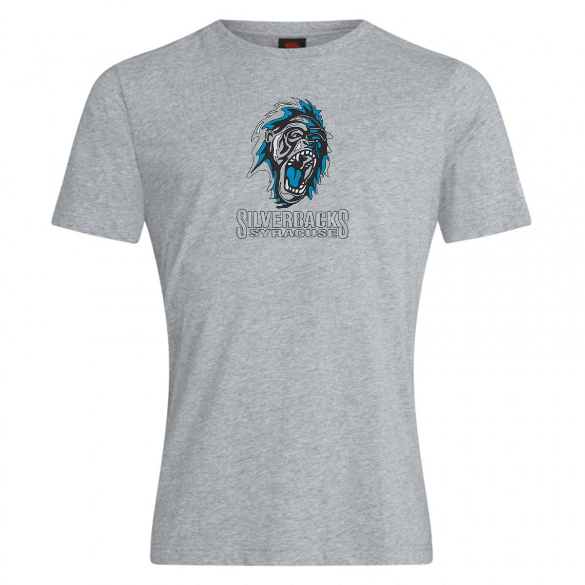 Gray t-shirt featuring a graphic of a roaring gorilla head with blue accents and the text "SILVERBACKS SYRACUSE" below it. Made from premium cotton-heavy blend, this Syracuse Silverbacks Club Plain Tee by Canterbury offers both comfort and durability, perfect for customization by WRS Canterbury.