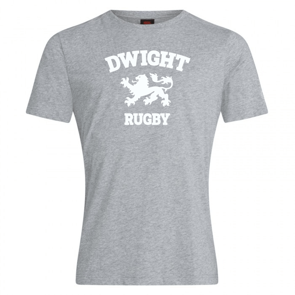 Grey t-shirt made from a premium cotton blend featuring "Dwight Rugby" and a lion graphic printed in white on the front, Dwight Rugby White Logo Club Plain Tee by Canterbury, WRS Canterbury.