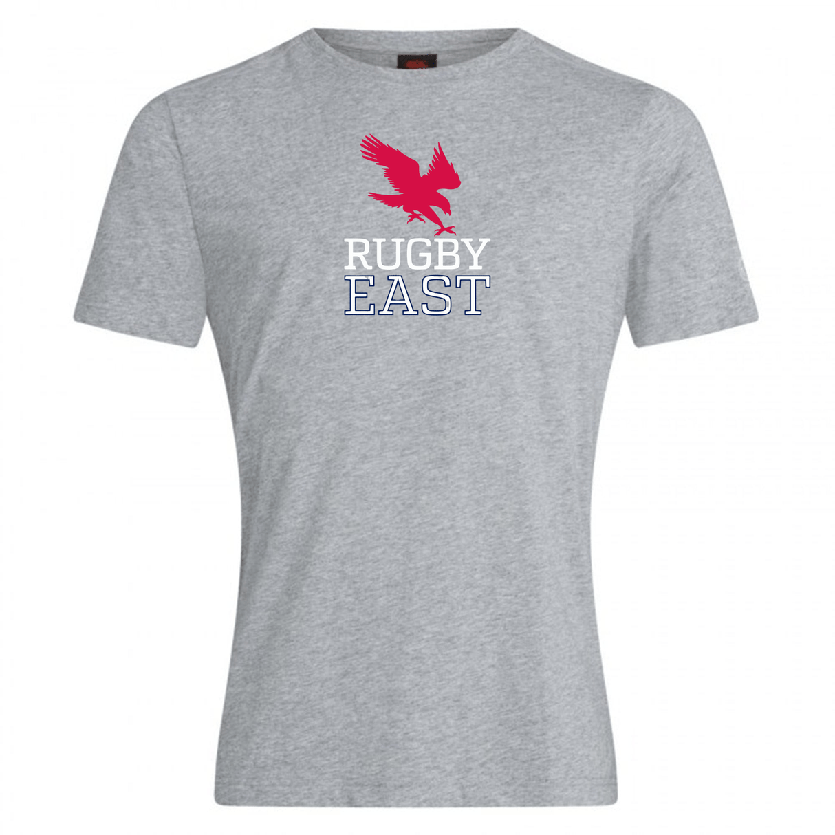 Rugby East Conference Club Plain Tee by Canterbury with a red eagle graphic and the text "RUGBY EAST" in bold white and blue letters on the front, featuring WRS Canterbury branding.