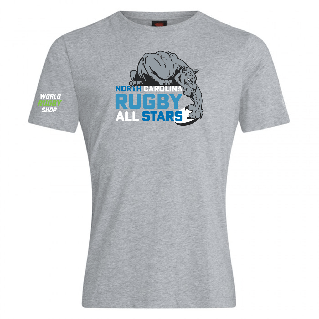 NC All Stars Club Plain Tee by Canterbury with a graphic of a panther and the text "North Carolina Rugby All Stars" in blue and white. Made from a premium cotton-heavy blend, it features WRS Canterbury branding on the left sleeve alongside the "World Rugby Shop" logo in green and white.