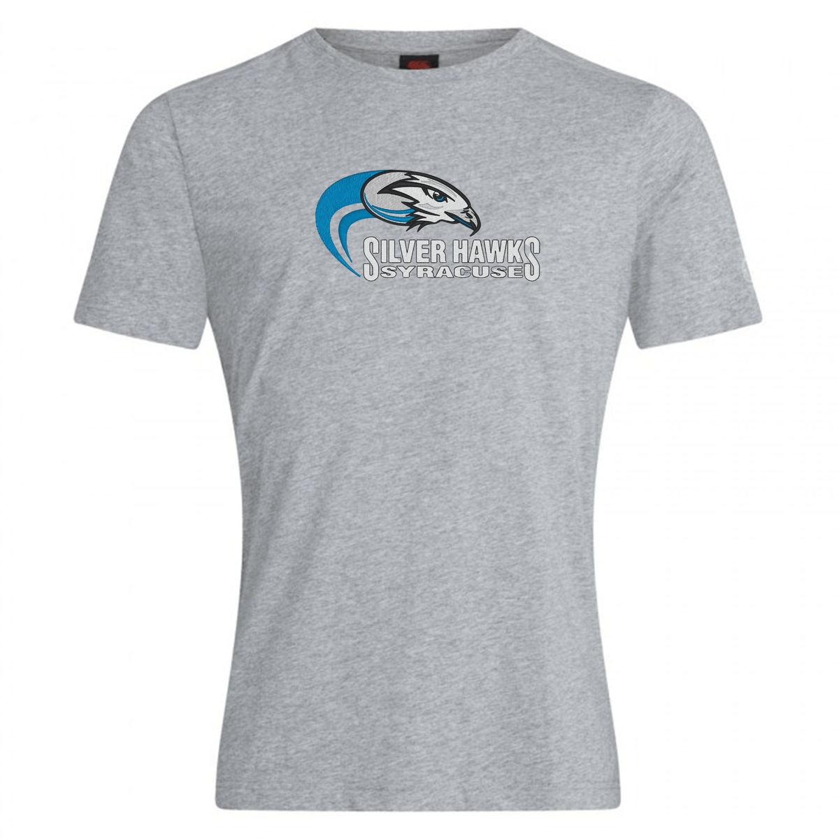 A grey Syracuse Silver Hawks Club Plain Tee by Canterbury featuring a logo of a hawk's head with "Silver Hawks Syracuse" written below it, made from a premium cotton-heavy blend for ultimate comfort and durability by WRS Canterbury.