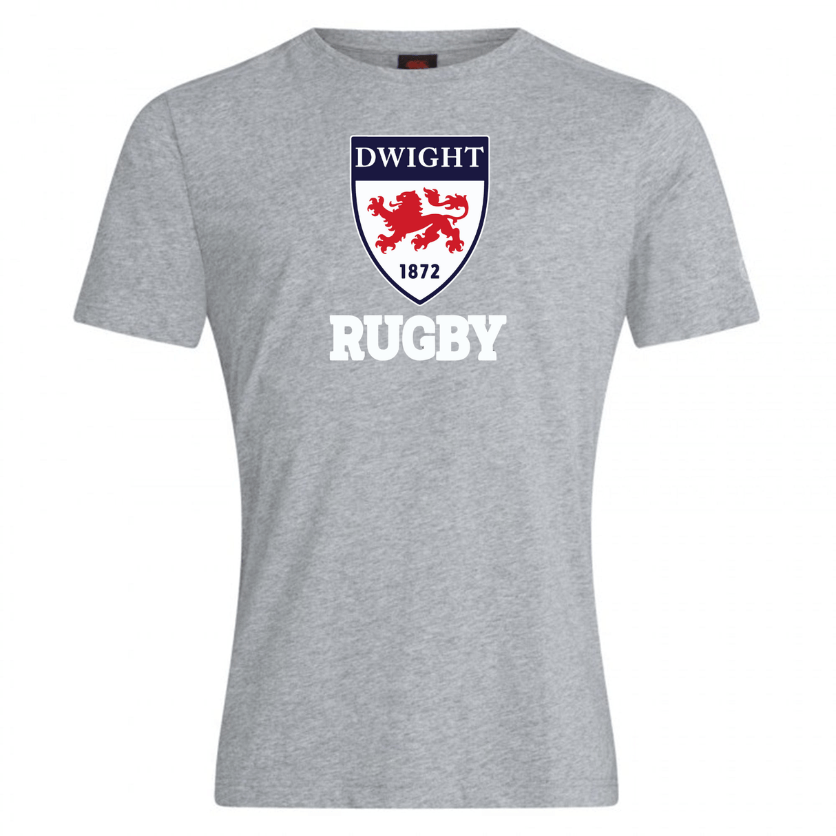 Gray cotton blend t-shirt with "Dwight Rugby Club Plain Tee by Canterbury" and a red lion crest above "Rugby" printed on the front.