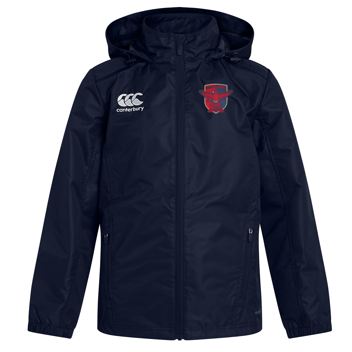 Navy blue Charlotte Cardinals Rugby Club Vaposhield full zip rain jacket by EMB Canterbury with a hood, featuring a logo on the right chest and a shield emblem on the left.