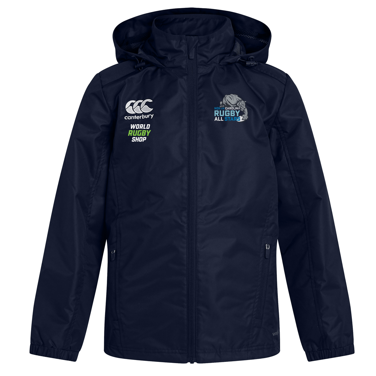 A dark blue NC All Stars Club Vaposhield Full Zip Rain Jacket by Canterbury with "EMB Canterbury," "World Rugby Shop," and "Rugby All Stars" logos on the front. This lightweight, water-resistant jacket features a front zipper and side pockets.