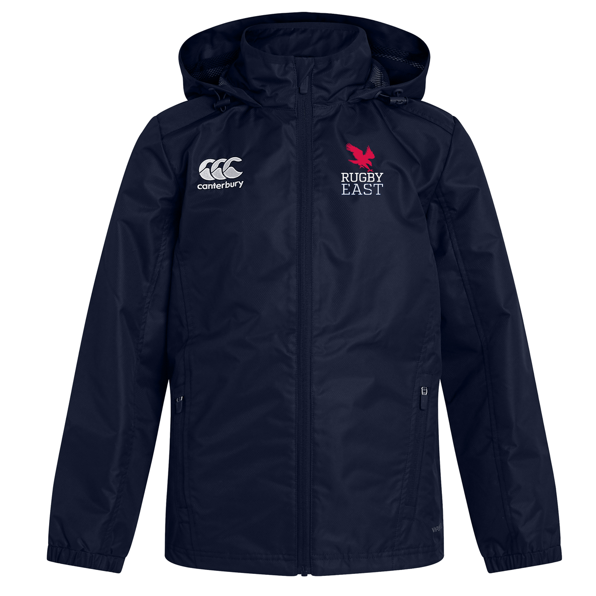 A navy blue hooded jacket with the Canterbury logo on the left side and a "Rugby East" emblem on the right side of the chest. This Rugby East Conference Club Vaposhield Full Zip Rain Jacket by EMB Canterbury features VapoShield water resistance, lightweight mesh lining, and two front pockets.