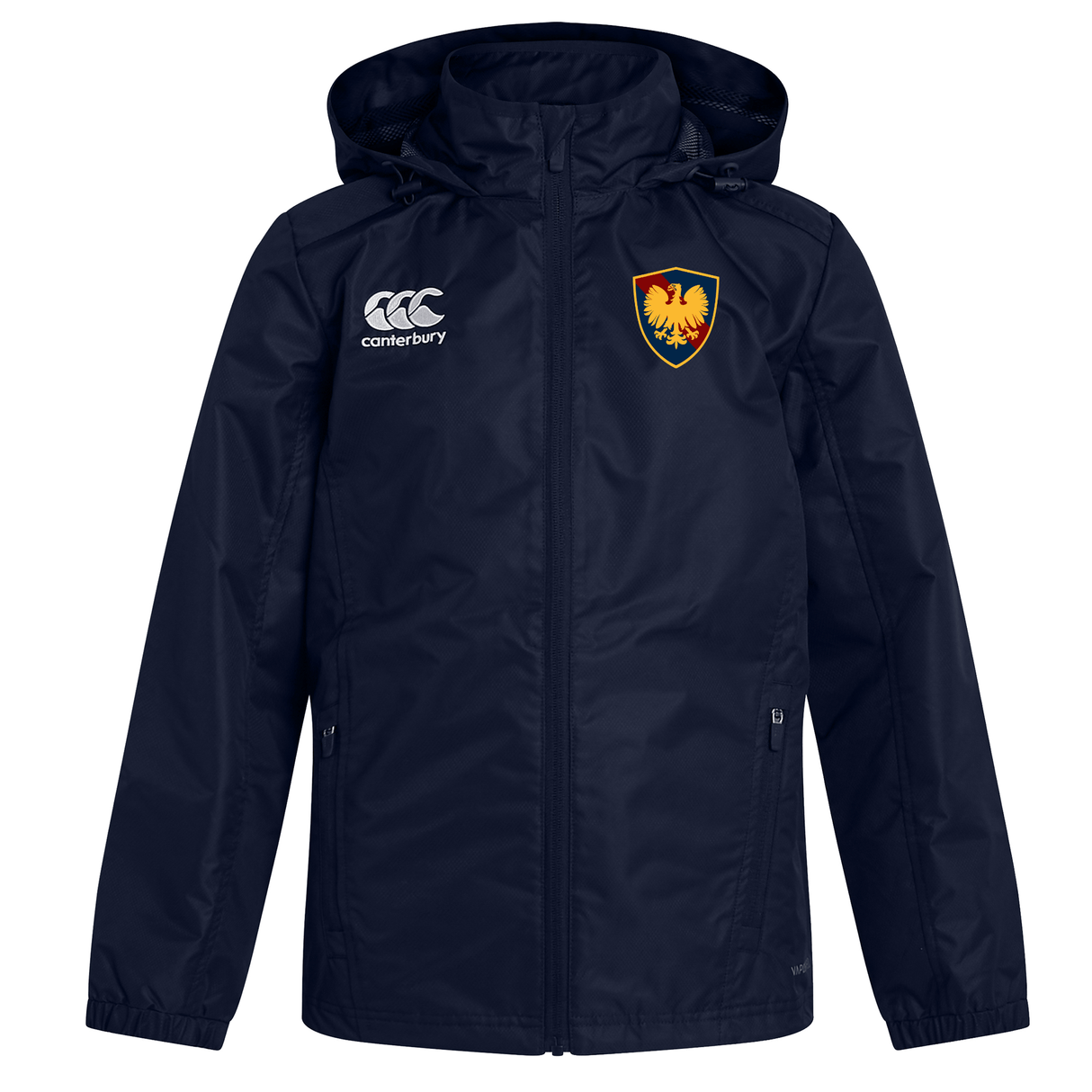 Navy blue Cincinnati Classical Academy Club Vaposhield Rugby Rain Jacket with a hood, featuring an EMB Canterbury logo on the right chest and a yellow emblem on the left chest, enhanced with VapoShield water-resistant technology.