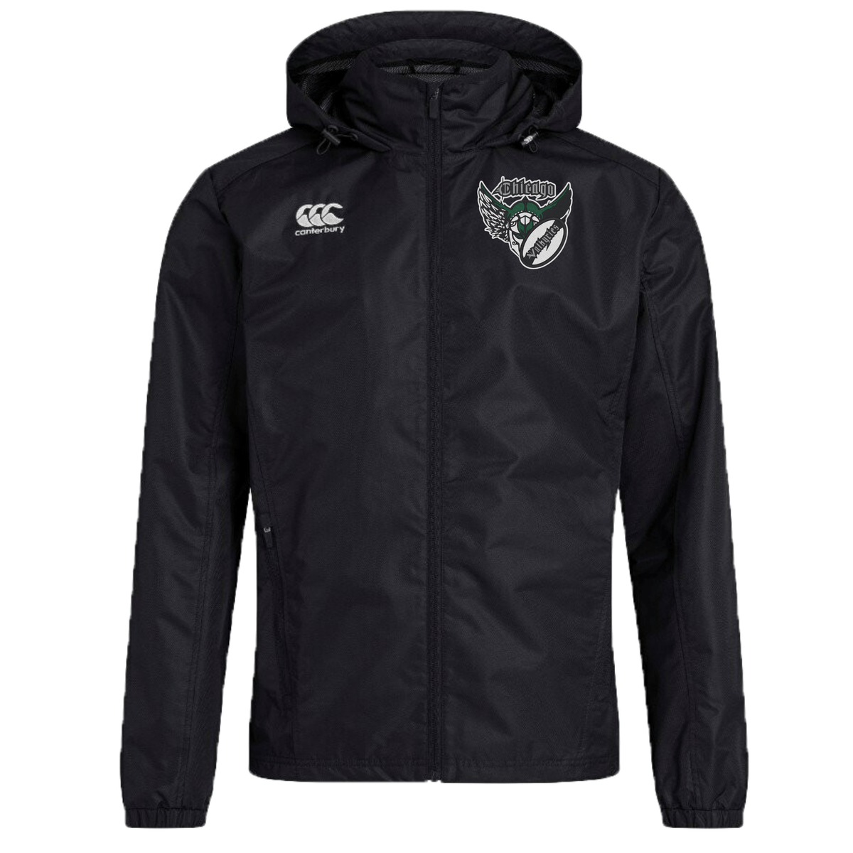 Black Chicago Valkyries Club Vaposhield Full Zip Rain Jacket by EMB Canterbury with a hood, featuring a white CCC Rugby Club logo on the left chest area.