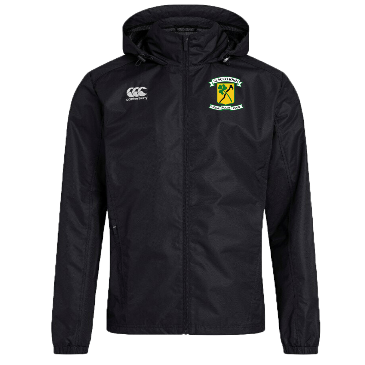 Blackthorn RFC Club Vaposhield Full Zip Rain Jacket with a hood, featuring the EMB Canterbury logo and a green emblem with a leprechaun and shamrock on the left chest.