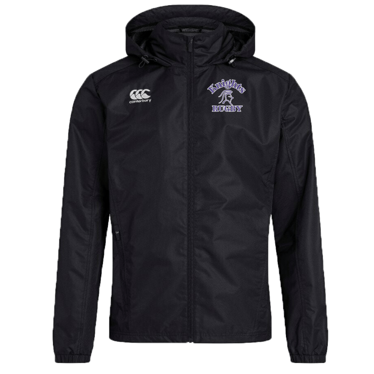 A black hooded jacket with a "Canterbury" logo on the right chest and "Knights Rugby" text with a knight figure on the left chest, featuring VapoShield water-resistant technology to keep you dry. This is the Ardrey Kell Rugby Club Vaposhield Full Zip Rain Jacket by EMB Canterbury.
