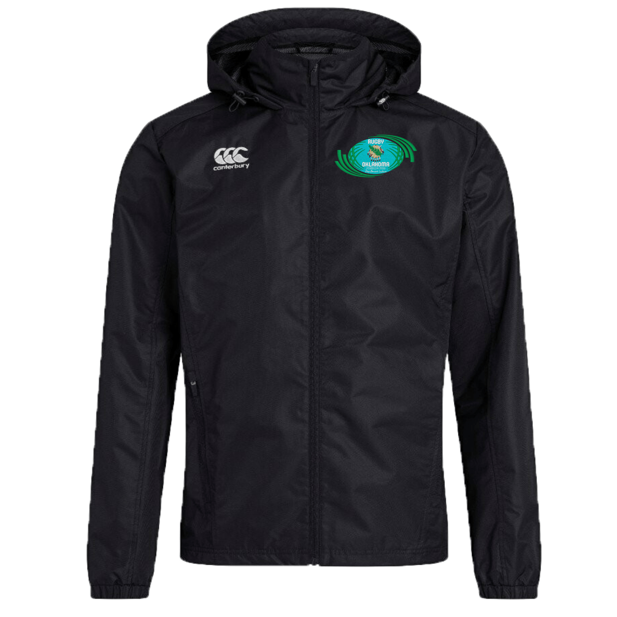A black EMB Canterbury Rugby Oklahoma Club Vaposhield Full Zip Rain Jacket with a hood, featuring a green and gold embroidered logo on the left chest area and VapoShield water-resistant technology.