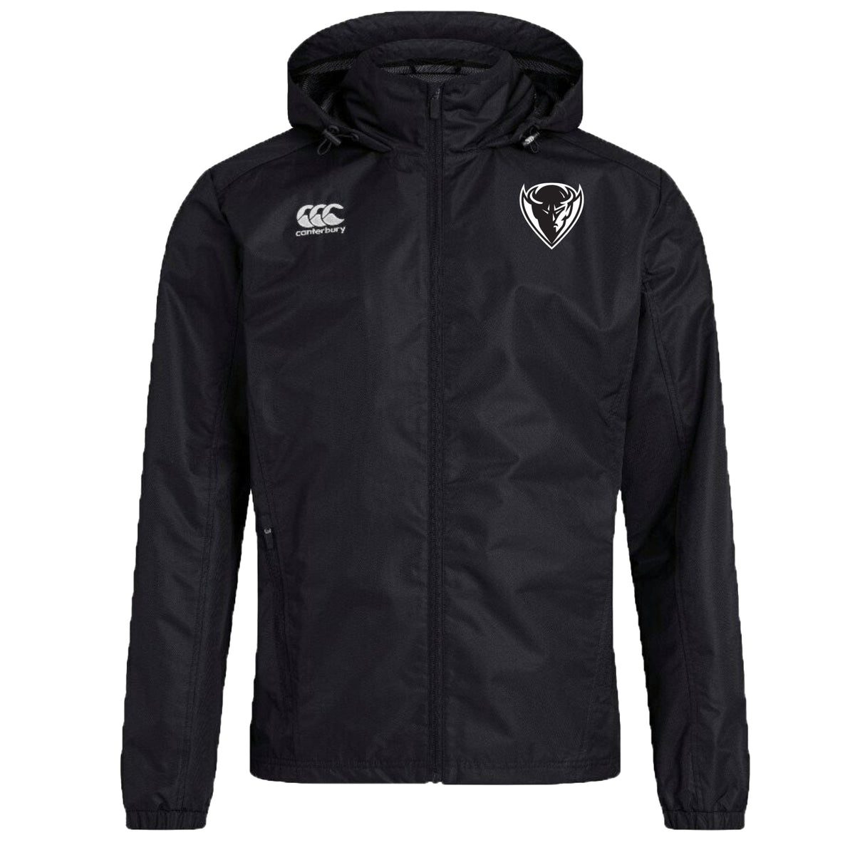 Black hooded DePaul University Club Vaposhield Full Zip Rain Jacket with a logo on the right chest and the brand name 'EMB Canterbury' on the left chest, displayed against a plain background.