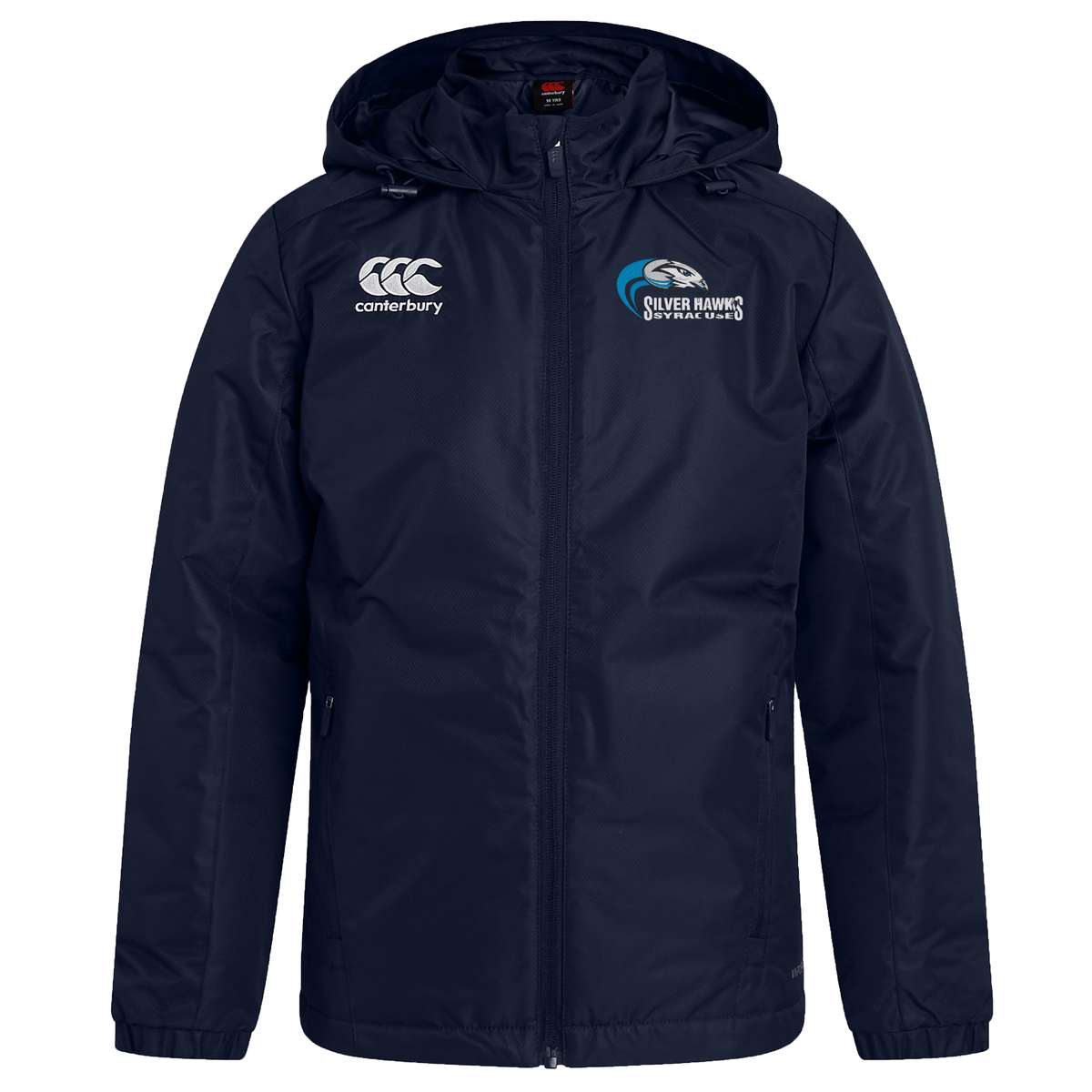 Syracuse Silver Hawks Club Vaposhield Stadium Jacket by EMB Canterbury with hoods and logos on the chest, featuring CCC branding from EMB Canterbury and representing the Silver Hawks Swimming Club with Vaposhield technology.