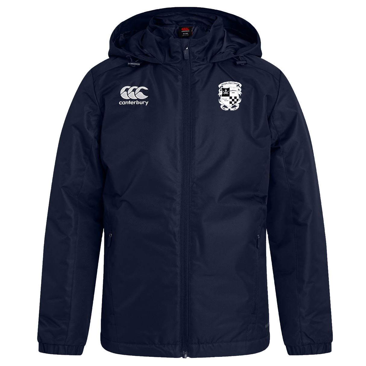 Navy blue EMB Canterbury Stadium Jacket with a VapoShield water repellent hood, featuring the brand logo on the right chest and a Rugby Football Club at Christopher Newport University emblem on the left chest.