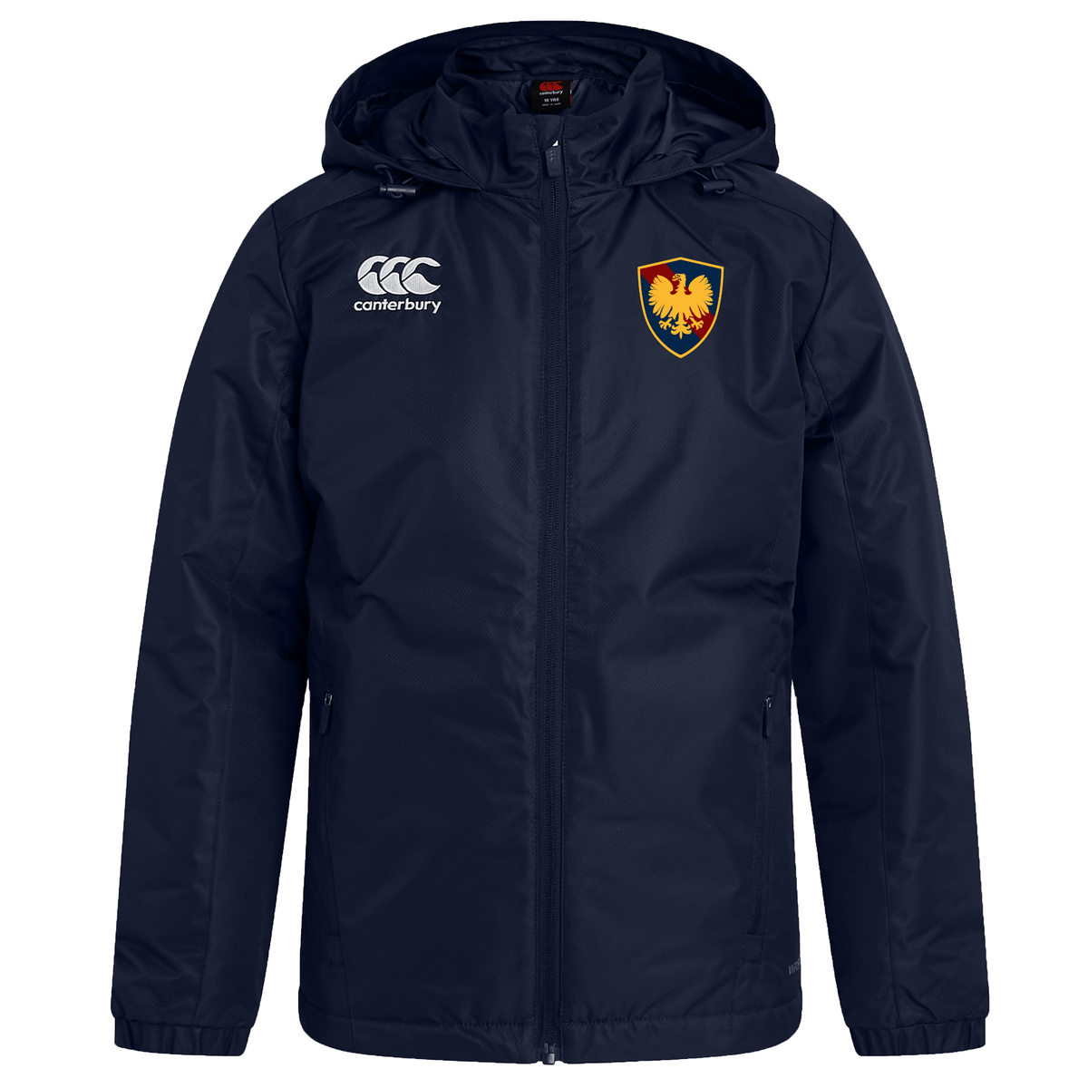 Navy blue Cincinnati Classical Academy Club Vaposhield Stadium Jacket by EMB Canterbury with hood, featuring the EMB Canterbury logo on the right chest and a red and gold emblem on the left.