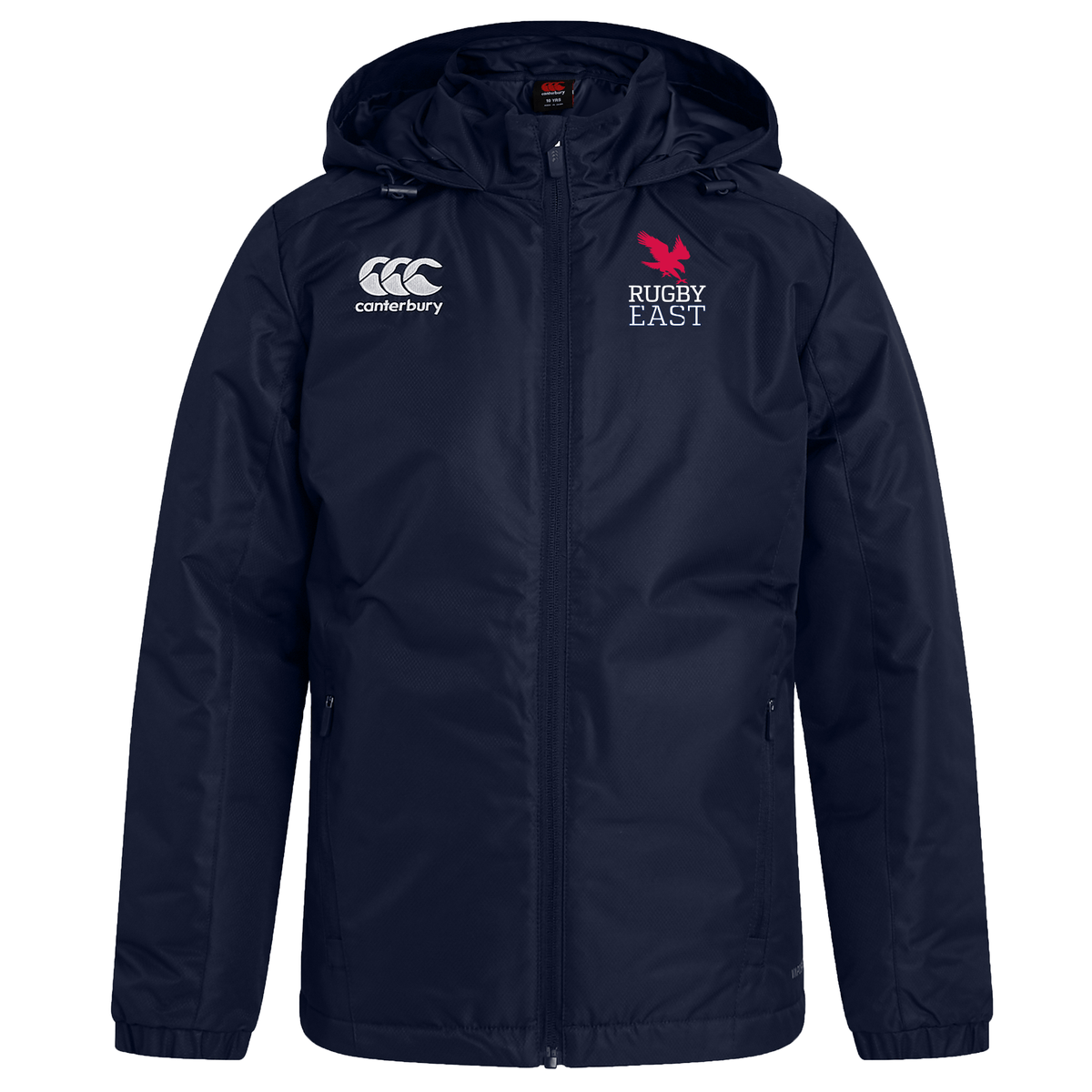 Navy blue Rugby East Conference Club Vaposhield Stadium Jacket by EMB Canterbury with a hood, featuring a Canterbury logo on the right chest and a Rugby East logo on the left chest. Complete with padded insulation and a full front zipper, it's designed for ultimate comfort.