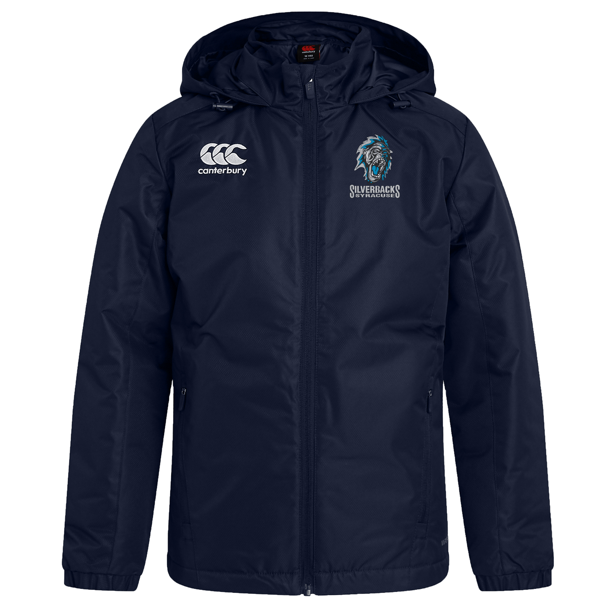 A navy blue Syracuse Silverbacks Club Vaposhield Stadium Jacket by Canterbury featuring the EMB Canterbury logo on the left shoulder and a Silverbacks Rugby logo on the right chest. The Syracuse Silverbacks Club Vaposhield Stadium Jacket by Canterbury includes padded insulation for extra warmth.