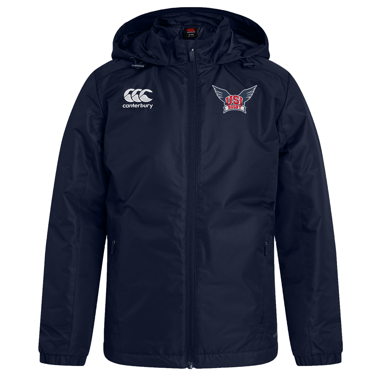 Navy blue University of Southern Indiana Club Vaposhield Stadium Jacket by EMB Canterbury with a hood, featuring the brand logo on the right chest and an embroidered USA Rugby logo on the left chest. This water-repellent jacket offers padded insulation for extra warmth and comfort.