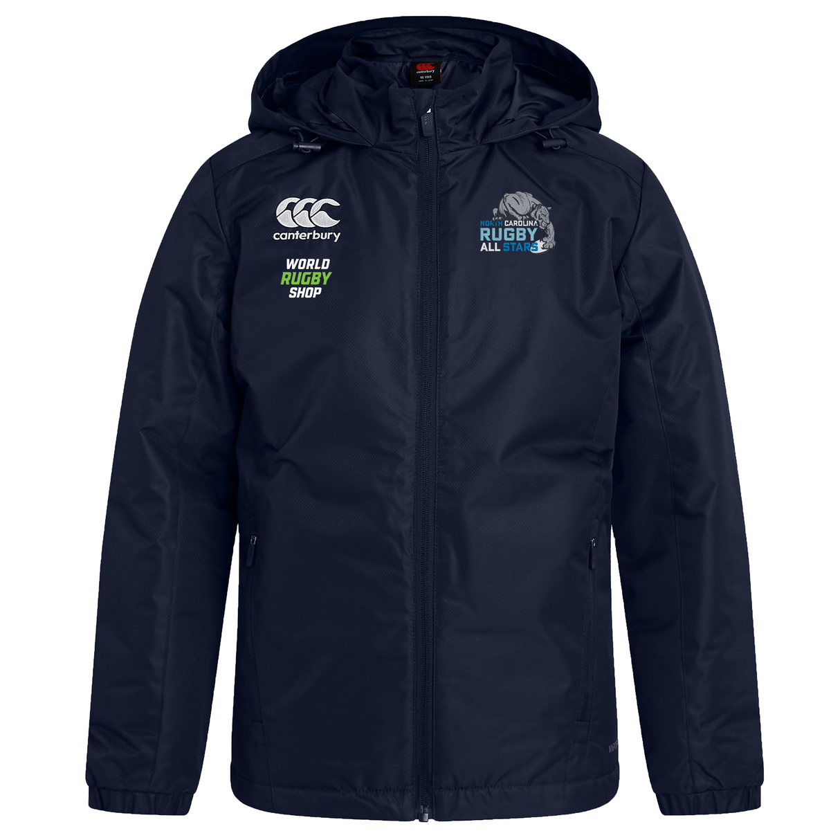 Navy blue rugby jacket with a hood featuring logos of a rugby shop and EMB Canterbury, along with an "All Star Rugby" crest. This NC All Stars Club Vaposhield Stadium Jacket by EMB Canterbury also boasts a water-resistant finish for added protection.