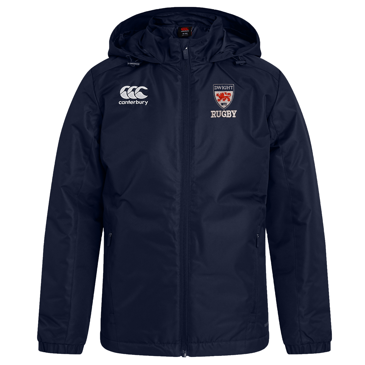 Navy blue Dwight Rugby Club Vaposhield Stadium Jacket by EMB Canterbury with hood, featuring logo on the right chest and a rugby team emblem on the left chest.