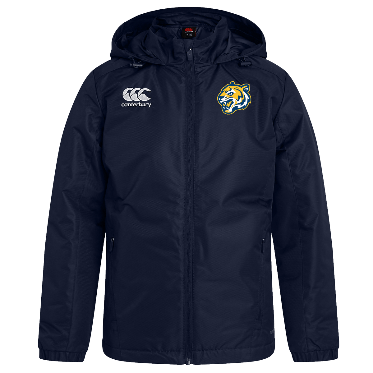 Navy blue Noble Street College Prep Club Vaposhield rugby stadium jacket with a hood, featuring a logo on the left chest area and EMB Canterbury branding on the right chest.