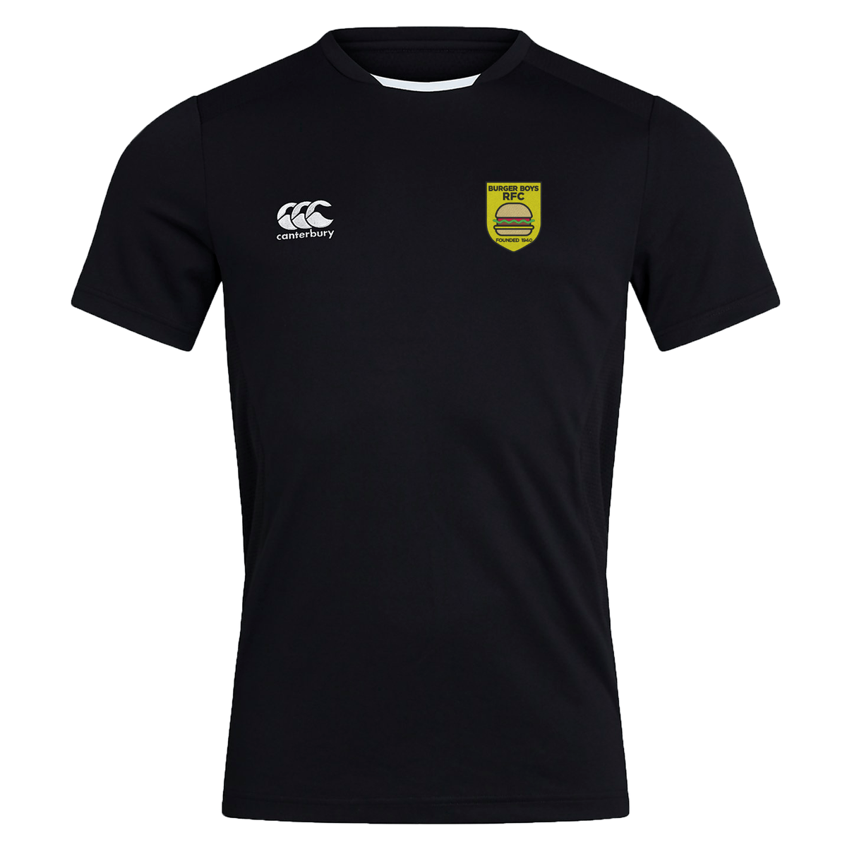 Black Burger Boys RFC Club Dry tee by EMB Canterbury with a brand logo on the right chest and a yellow and black team emblem on the left, featuring breathable fabric.