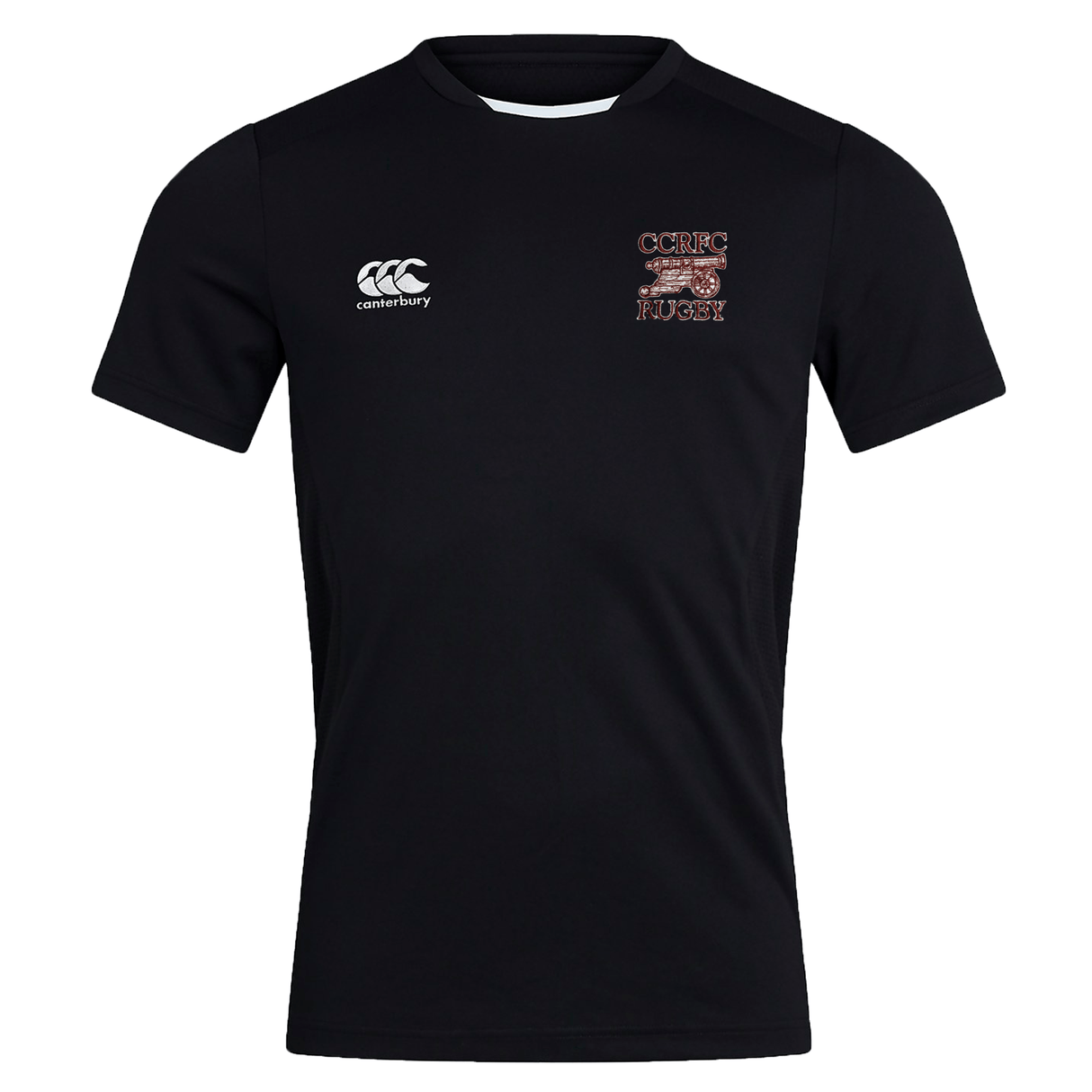 Black breathable Concord Carlisle Rugby Club Dry Tee by EMB Canterbury with Canterbury logo on the left chest and "ccirc rugby" text on the right, featuring Vapodri Technology, displayed on a plain background.