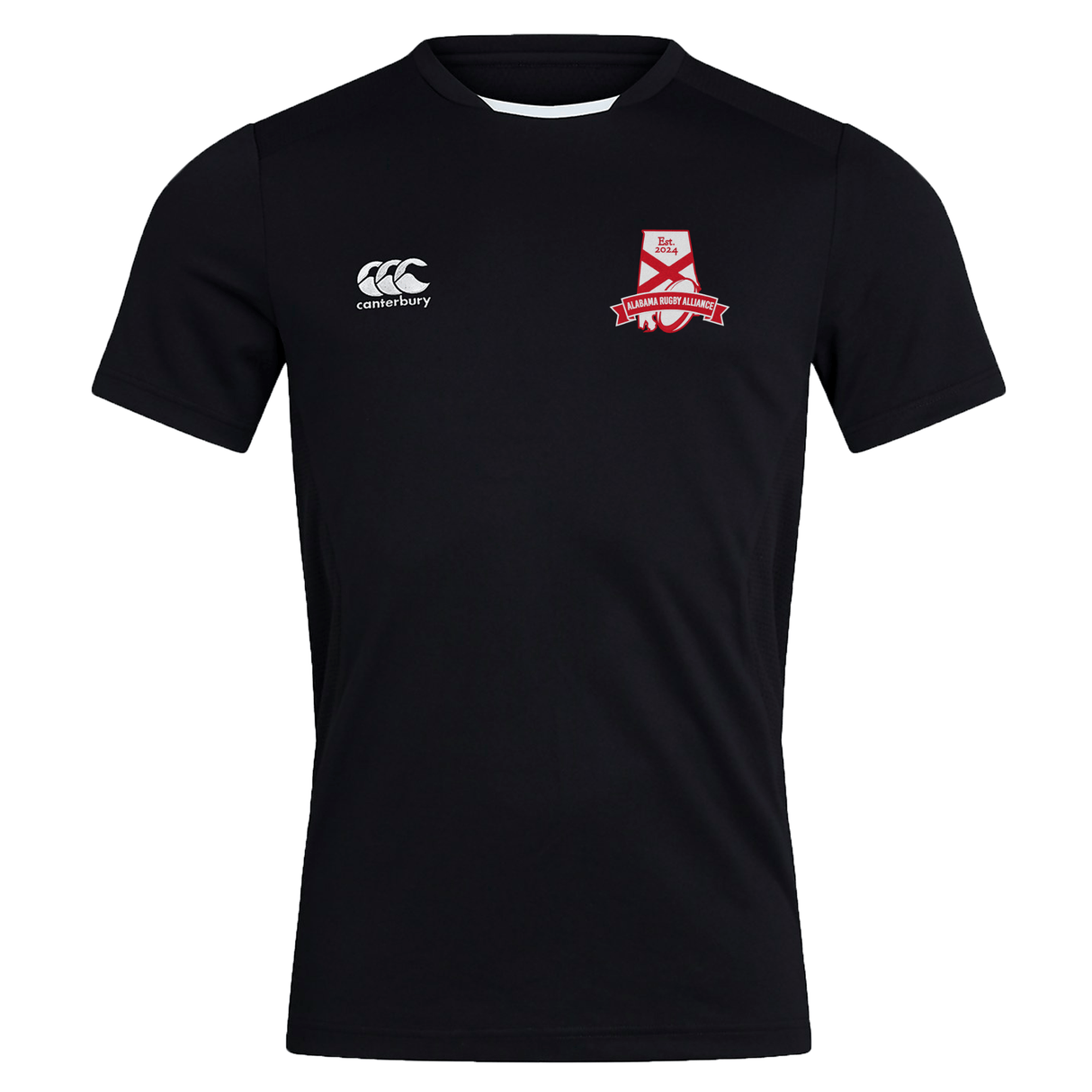 Black Alabama Rugby Alliance Club Dry Tee by EMB Canterbury with a logo on the right chest and a red and white emblem on the left chest.