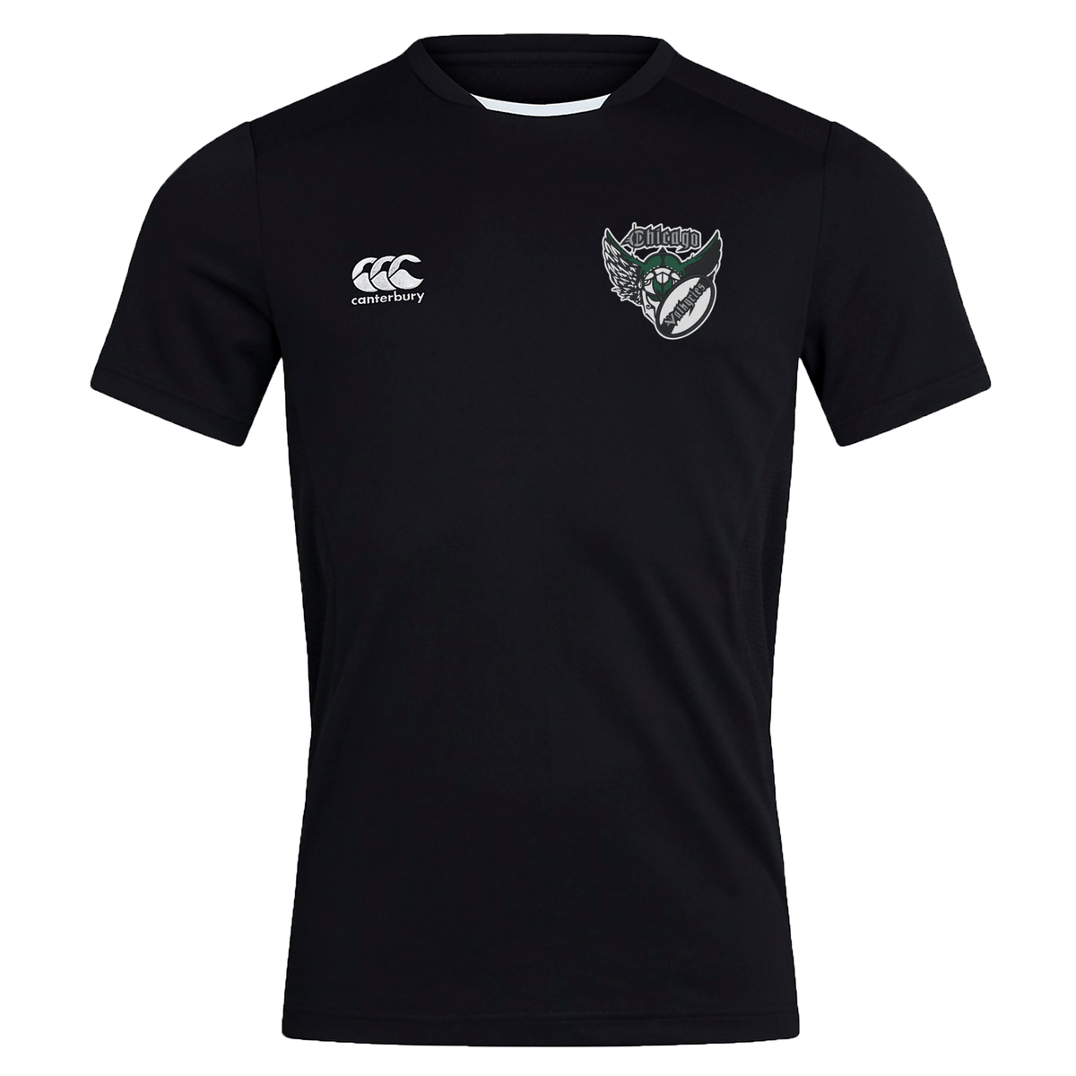 Black Chicago Valkyries Club Dry Tee by EMB Canterbury featuring Vapodri technology, with a white logo on the right chest and a team crest on the left.
