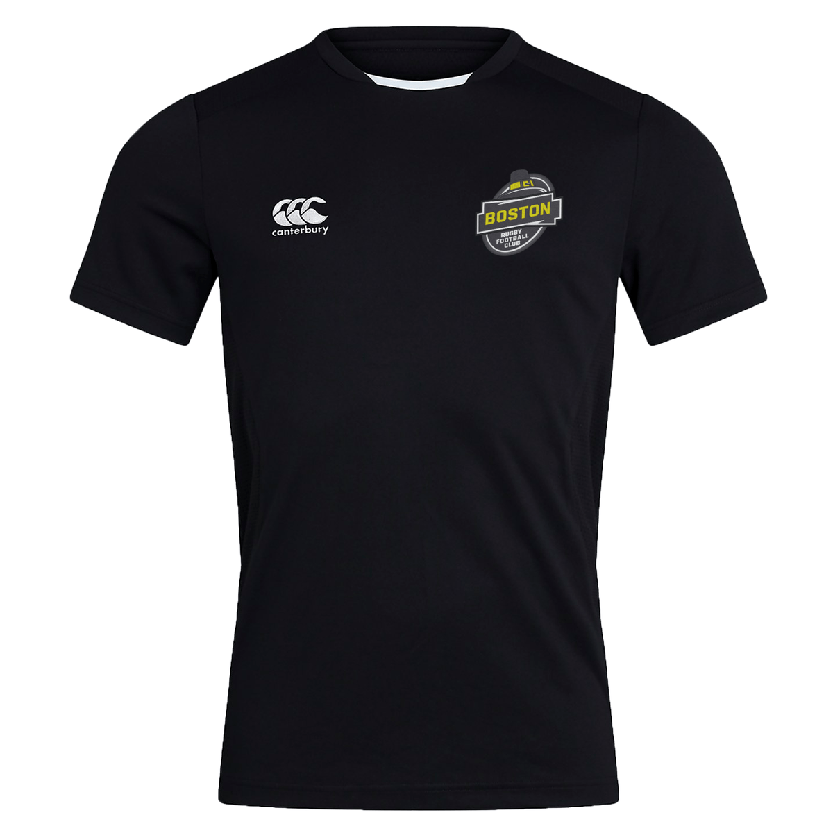 Black EMB Canterbury CCC Club Dry T-Shirt with logos on the chest: a Canterbury logo on the left and a Boston RFC badge on the right.