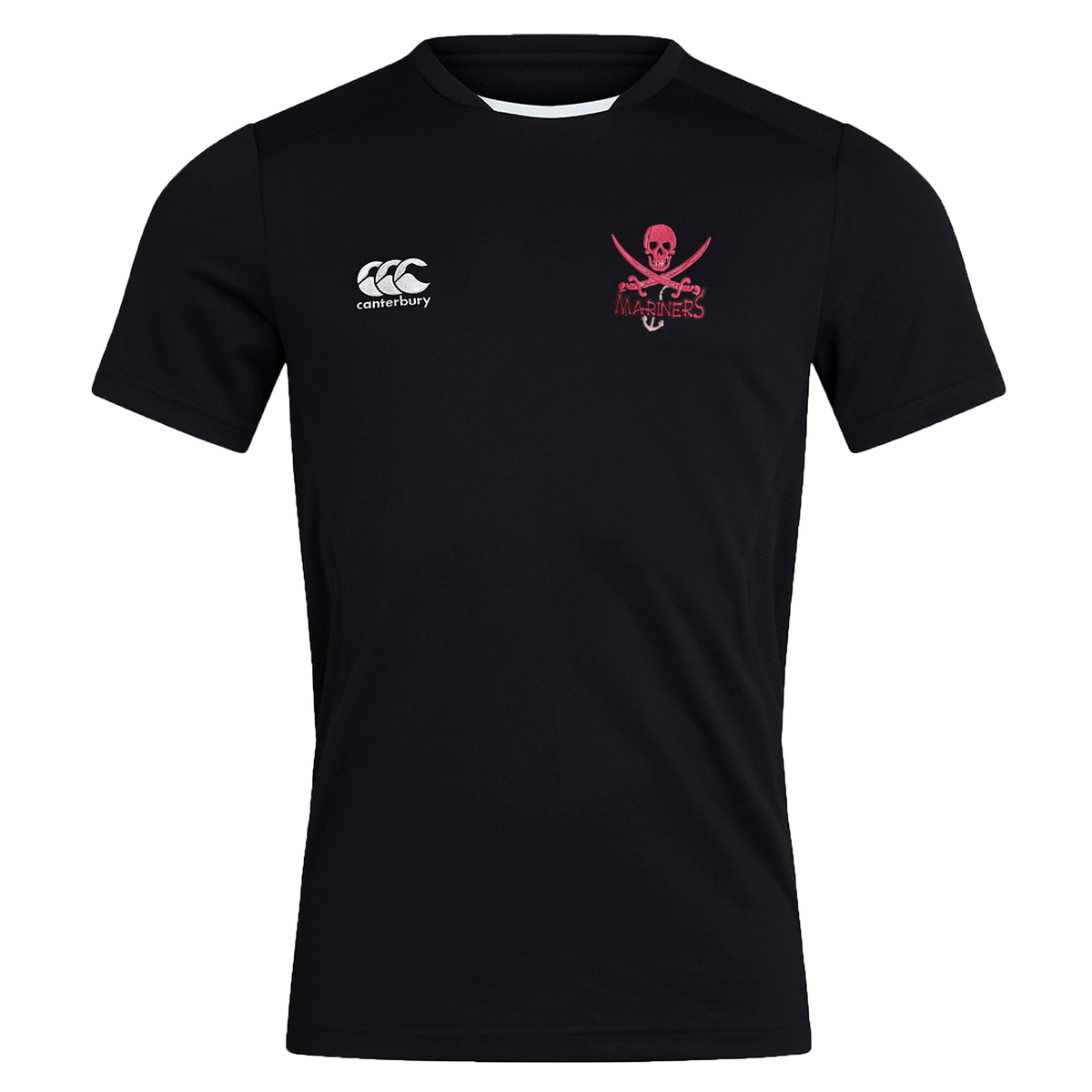 Black SUNY Maritime CCC Club Dry Tee by EMB Canterbury with a logo on the left chest and a red pirate skull motif on the right chest.