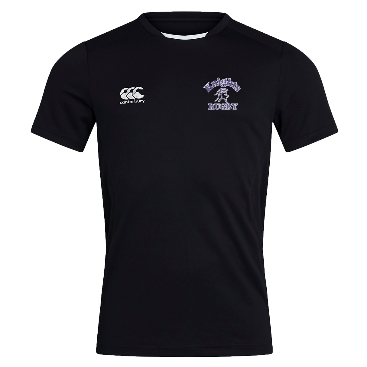 A black short-sleeve Ardrey Kell Rugby Club Dry Tee by Canterbury with "EMB Canterbury" logo on the right chest and "Knights Rugby" logo with a knight's helmet on the left chest, made from breathable fabric featuring Vapodri Technology to keep you cool and dry.