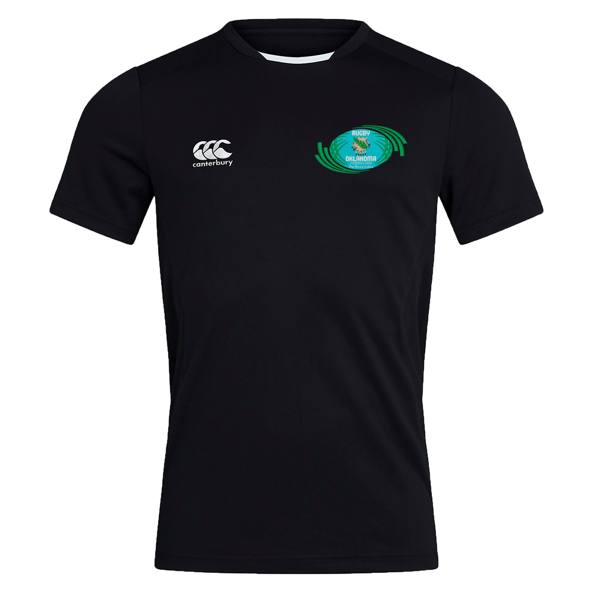 Black Rugby Oklahoma Club Dry tee with EMB Canterbury logo on the right chest.