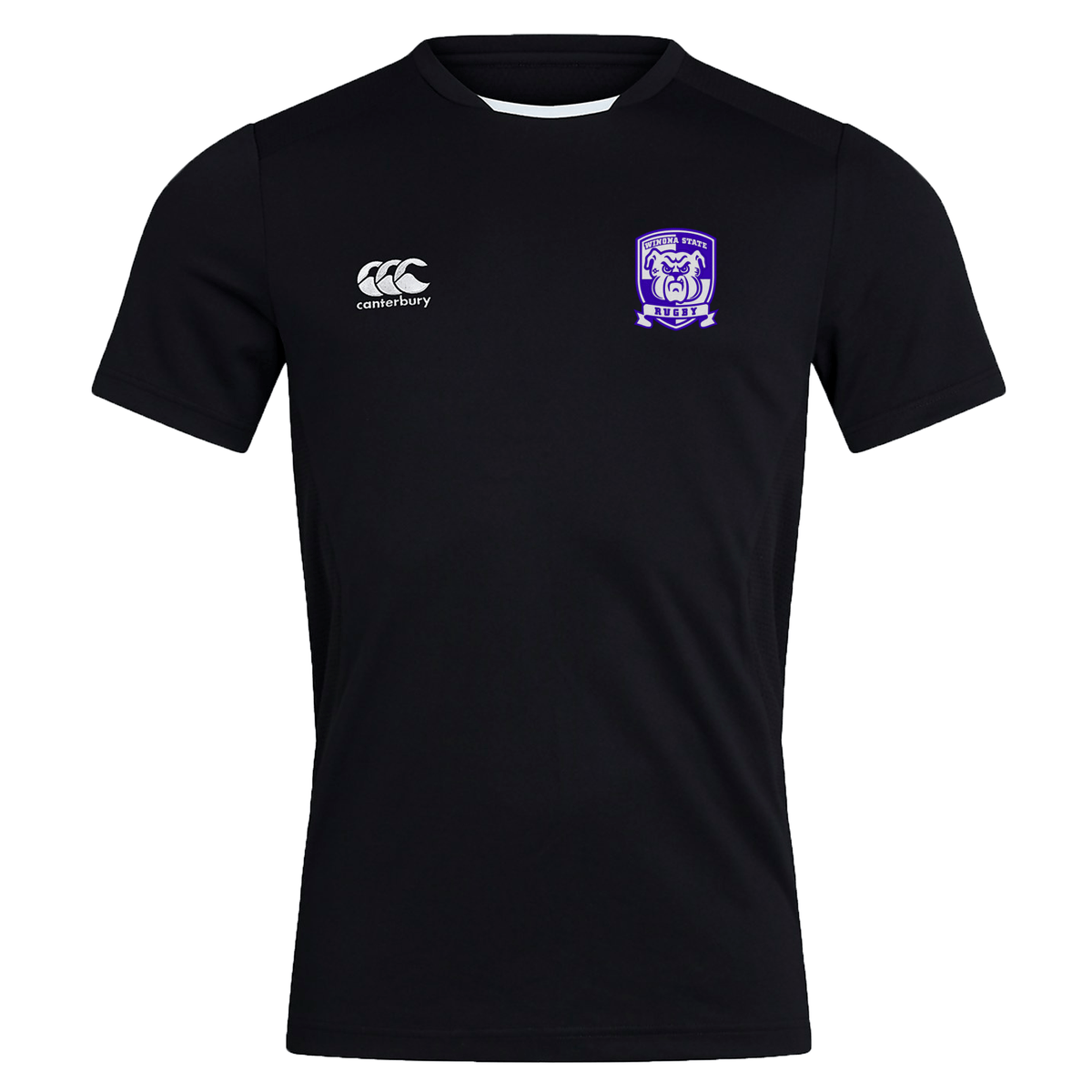 Black short-sleeve sports shirt with a small logo of a shield bearing "Old Otliensians" and a silver lion on the upper left chest and an "EMB Canterbury" logo on the upper right chest. This Winona State University Club Dry Tee by Canterbury is crafted with Vapodri Technology for ultimate comfort and breathable performance.