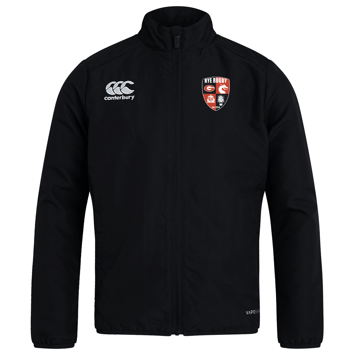 A lightweight black Rye High School Rugby Club track jacket by EMB Canterbury with the Canterbury logo on the left chest and a rugby team emblem on the right.