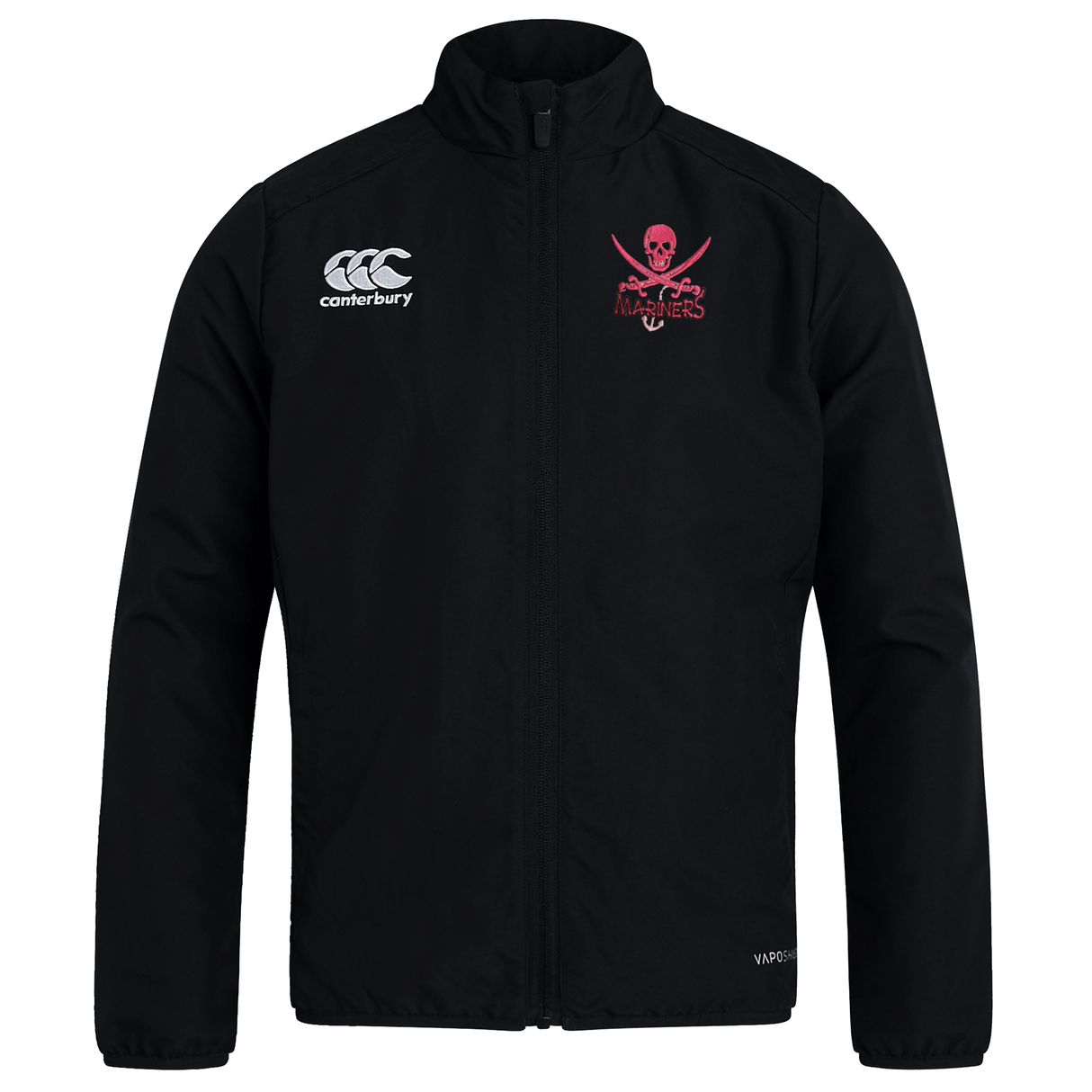 Lightweight black SUNY Maritime club track jacket by EMB Canterbury with zip closure, featuring a pirate skull logo and Canterbury logo on the chest.
