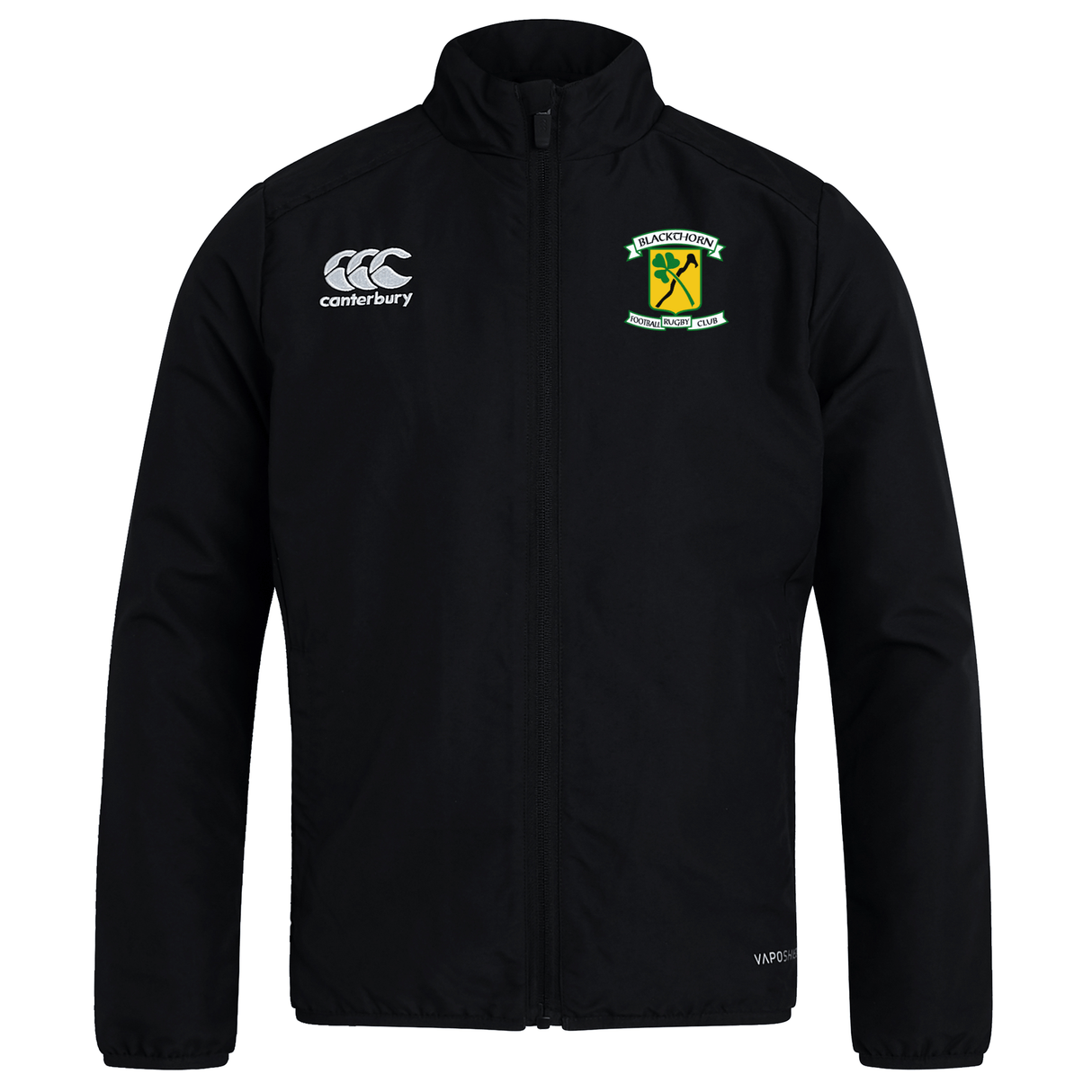 Black Blackthorn RFC Club Track Jacket with logos on the chest, including a green shield emblem on the left and the EMB Canterbury logo on the right.