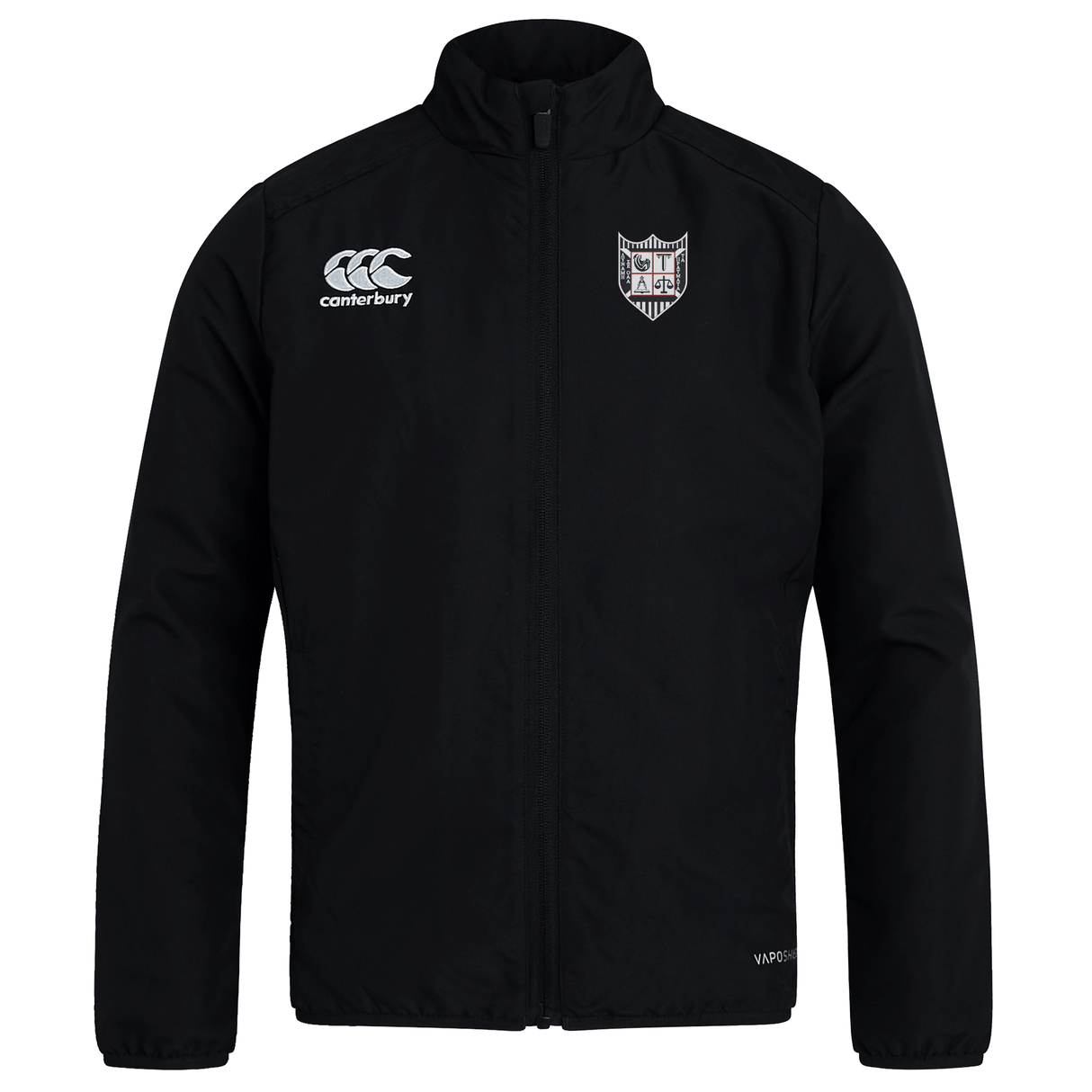 Black Troy University Rugby Club Track Jacket with a zip front, featuring logos on the chest and sleeve by EMB Canterbury.