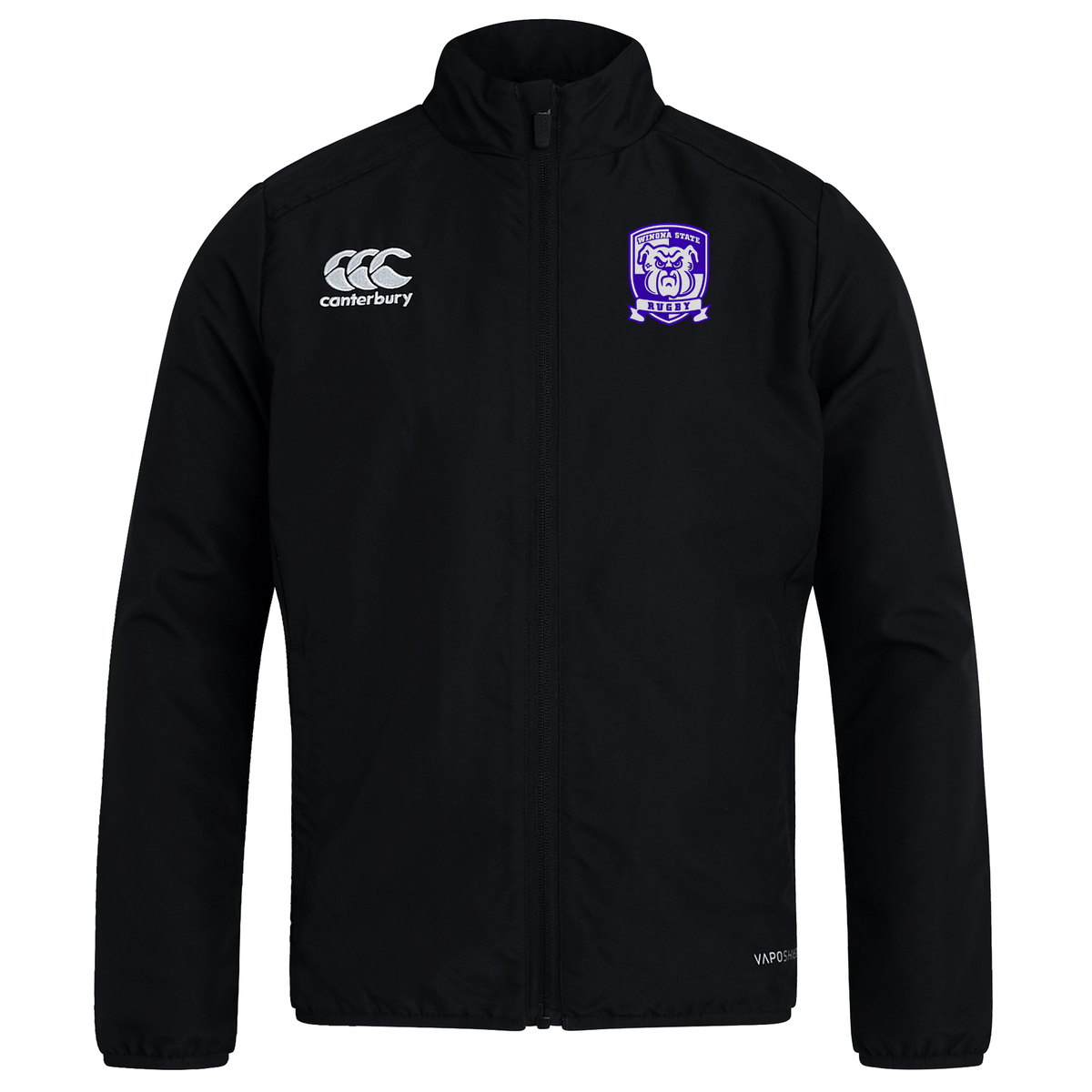 Lightweight black sports jacket with an EMB Canterbury logo on the right chest and a purple crest logo on the left. This Winona State University Club Track Jacket by Canterbury features a full zipper, high collar, and is water repellent.