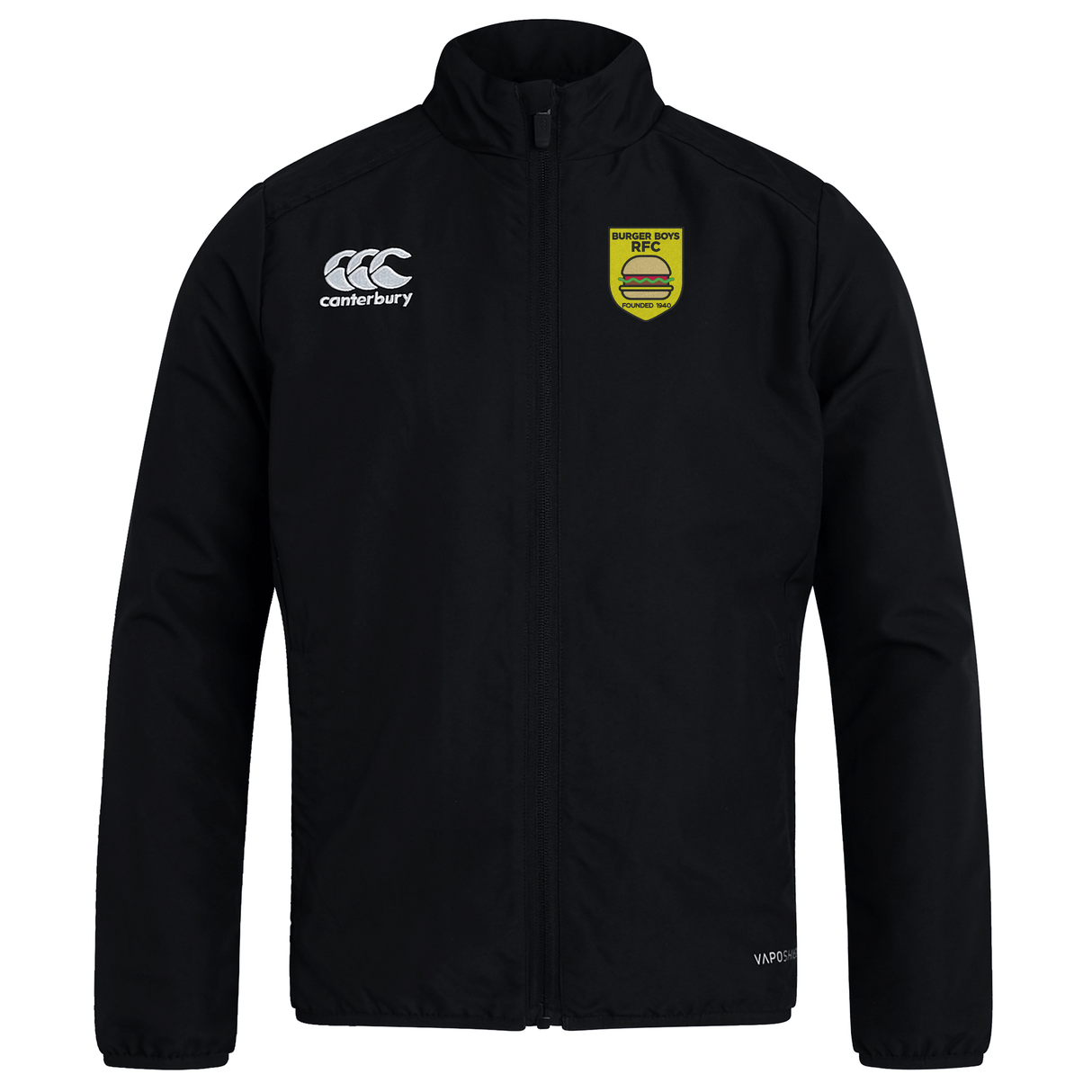 Black Burger Boys RFC Canterbury Club Track Jacket with logo on the chest and a "Worcester Polytechnic Institute" emblem on the right side.
