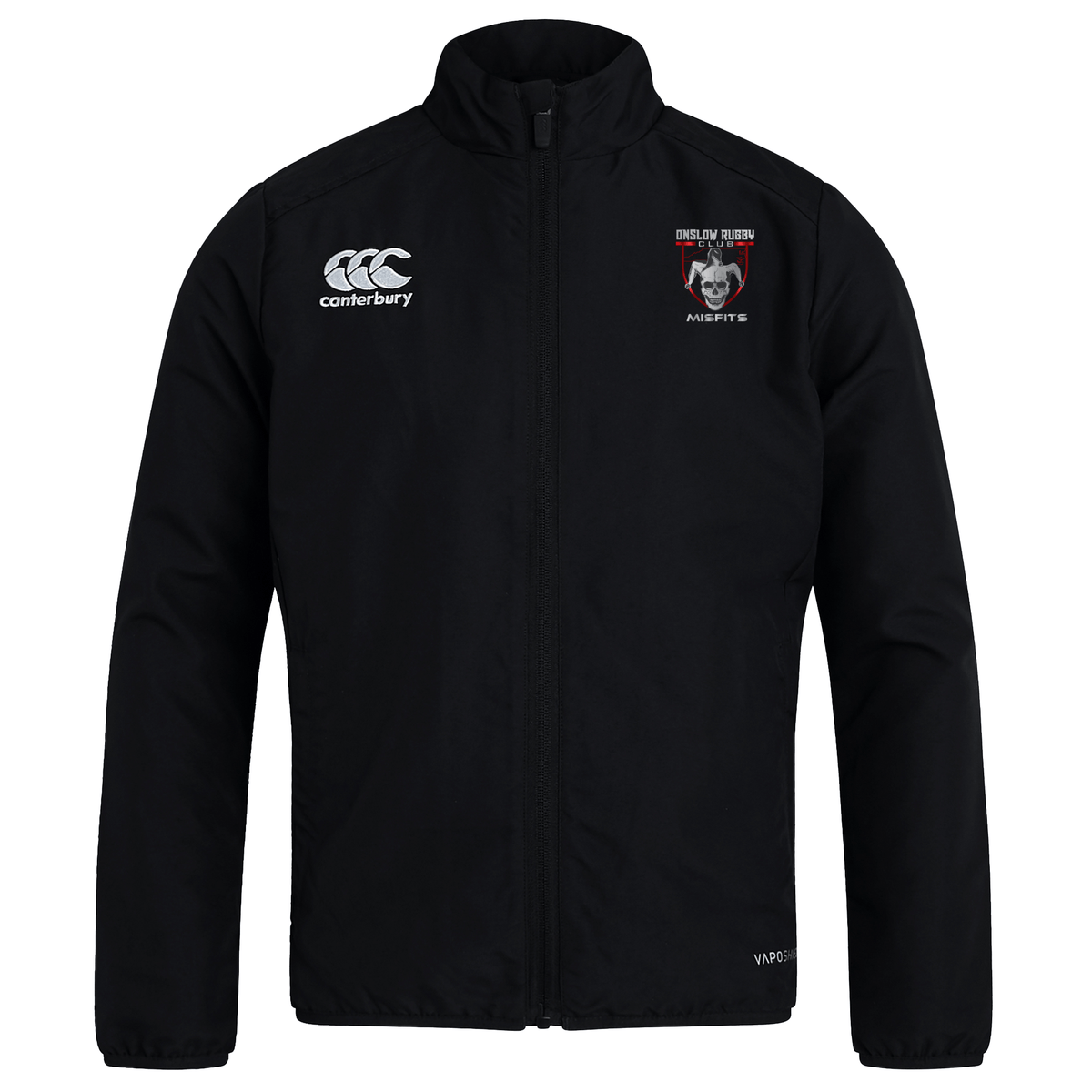 Lightweight black Onslow Rugby Misfits Club Track Jacket by EMB Canterbury with a zippered front, featuring logos on the chest, displayed against a white background.