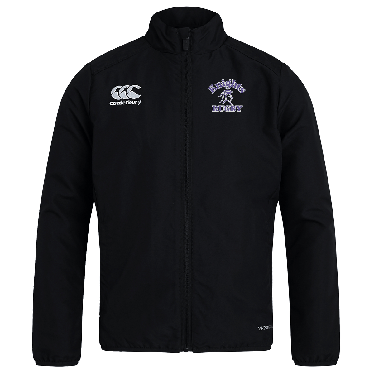 A lightweight black EMB Canterbury Ardrey Kell Rugby Club Track Jacket with a zip closure, featuring "Knights Rugby" text and logo on the chest, perfect for staying stylish and comfortable in any weather.