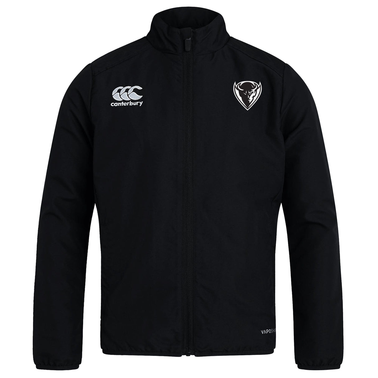 Black DePaul University Club Track Jacket made of polyester, featuring a zip-up front with EMB Canterbury logos on the right chest and left shoulder.