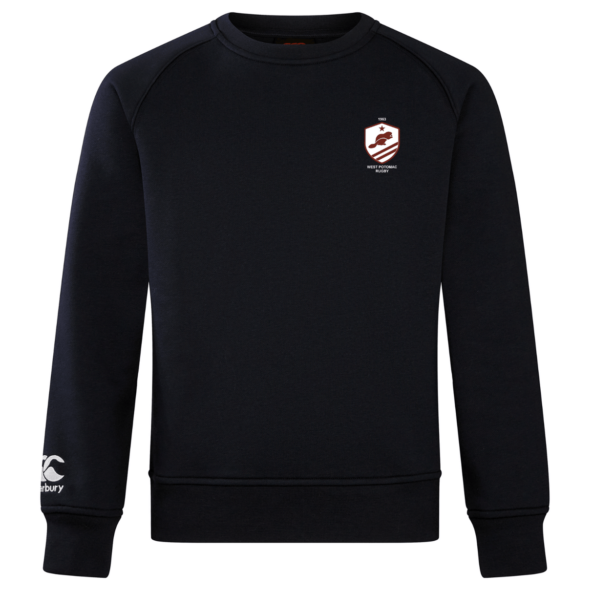 The West Potomac RFC Club Crew Sweatshirt by WRS Canterbury is an ultra-soft black sweatshirt with a small crest on the left chest and a white Canterbury logo on the right sleeve, ideal for everyday comfort.