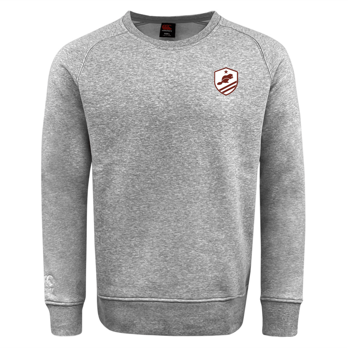 The West Potomac RFC Club Crew Sweatshirt by WRS Canterbury features a small red and white shield logo on the left chest, a subtle sleeve cuff logo, and ultra-soft fabric for comfort and understated style.