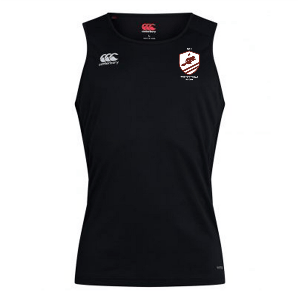 The West Potomac RFC Club Dry Singlet by EMB Canterbury is a black singlet with the Canterbury logo on the right chest and the West Potomac RFC badge on the left, featuring Vapodri Technology for optimal comfort during training.