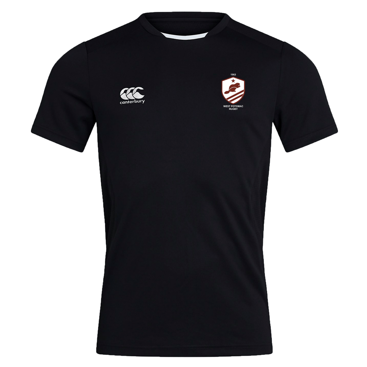 The West Potomac RFC Club Dry Tee by EMB Canterbury is a breathable black workout jersey with a right chest Canterbury logo and maroon/white club crest, designed for ultimate comfort.